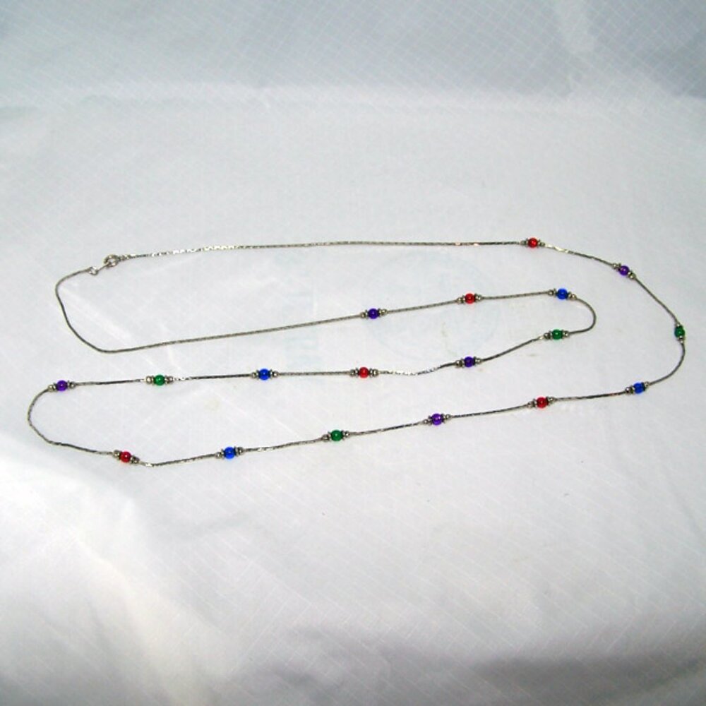 19" Necklace - Silver Tone with small Red, Blue, Purple, and Green Beads